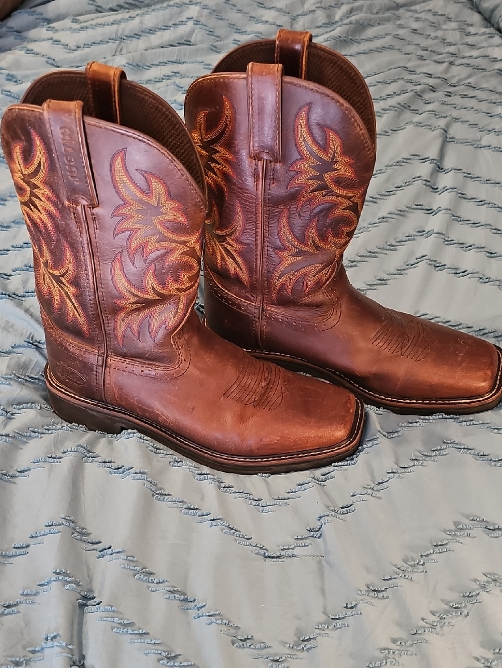 Justin Boots Brown Leather Western Cowboy Boots with Orange Stitching